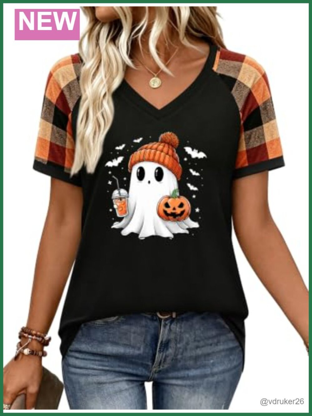 Halloween Ghost Shirt V Neck Leopard Plaid Raglan Tee Women